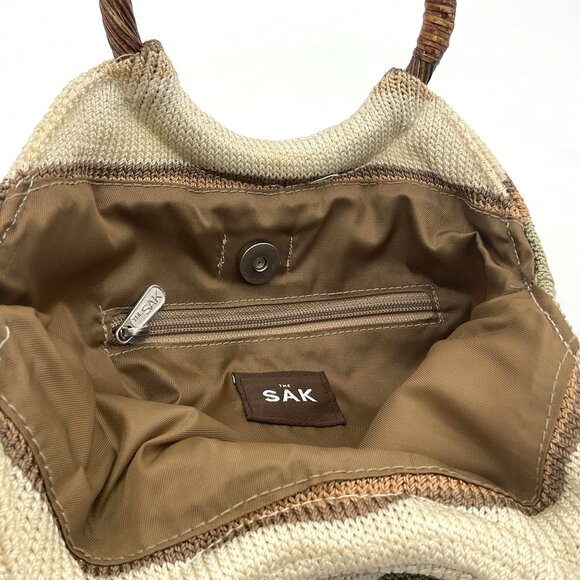 The SAK Lined Crochet Neutral Striped Handbag Faux Wood Ring Handles 10" x 12" - Picture 4 of 5